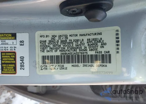 2010 Toyota Corolla Le z USA, uszkodzony, nr VIN 1NXBU4EE1AZ279375